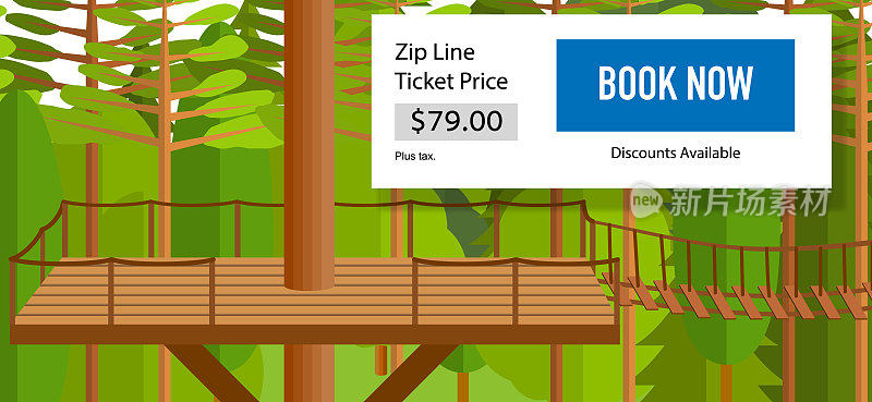 Zip Line空中跑道网页横幅与票价，矢量插图。平坦的树木，森林景观，木制操场。夏天全家一起滑索活动。